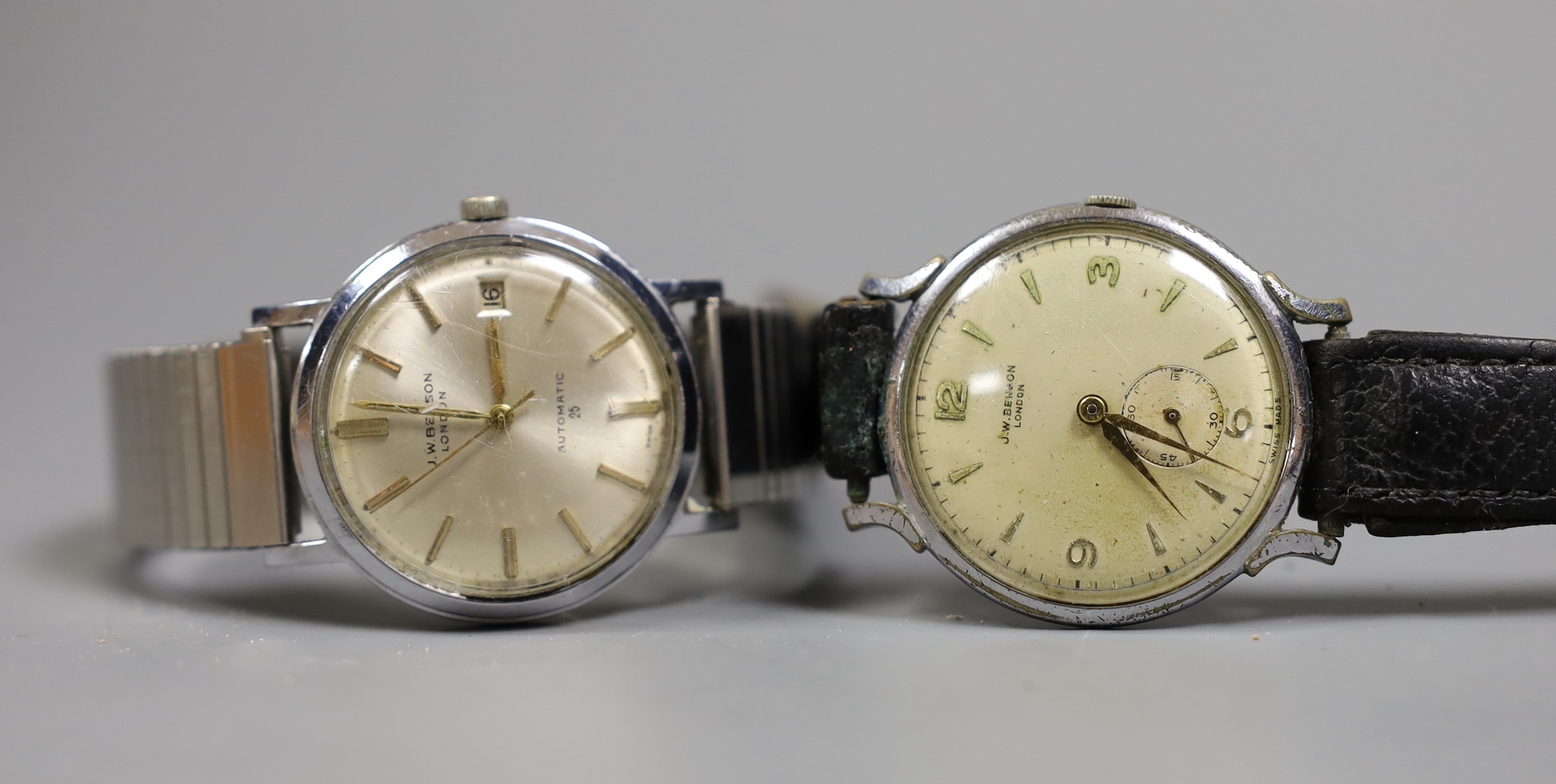 A gentleman's stainless steel J.W. Benson automatic wrist watch, a J.W. Benson stainless steel manual wind wrist watch and a steel Marina watch (lacking strap).